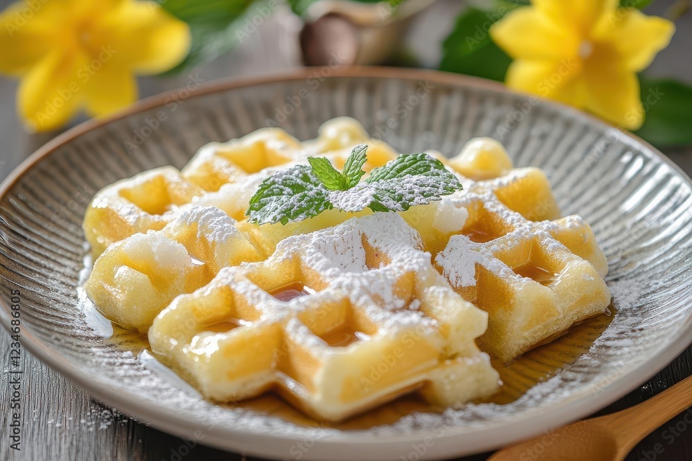 rustic homemade blueberry waffles drizzled with maple syrup, served on vintage ceramic with fresh mint and powdered sugar rustic homemade blueberry waffles drizzled with maple syrup, served on vintage ceramic with fresh mint and powdered sugar