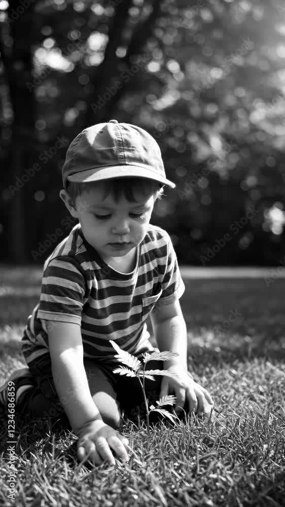 Young child playing on green mimosa pudica, exploring nature in a sunny park with trees in the background Young child playing on green mimosa pudica, exploring nature in a sunny park with trees in the background