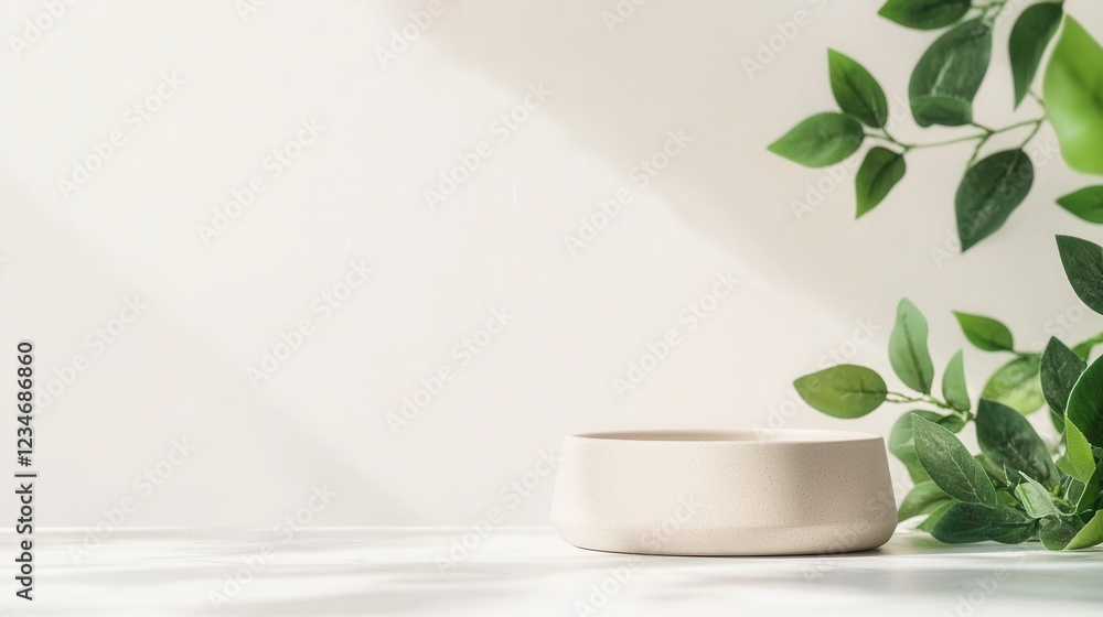 A white bowl sits on a table next to a leafy green plant A white bowl sits on a table next to a leafy green plant