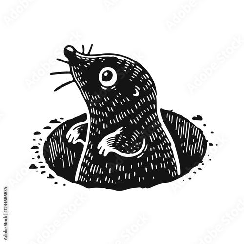 сute mole peeking out of its underground home hole, sketch photo