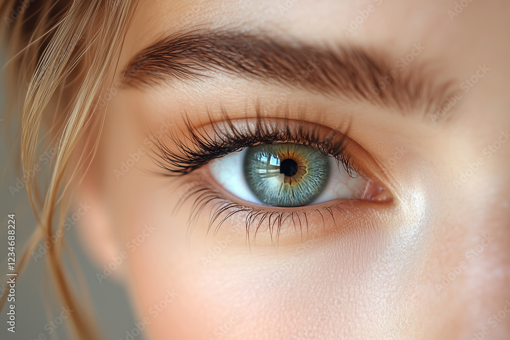 Obraz premium Beautiful female eye close-up with large expressive eyelashes. Bright lighting with soft light