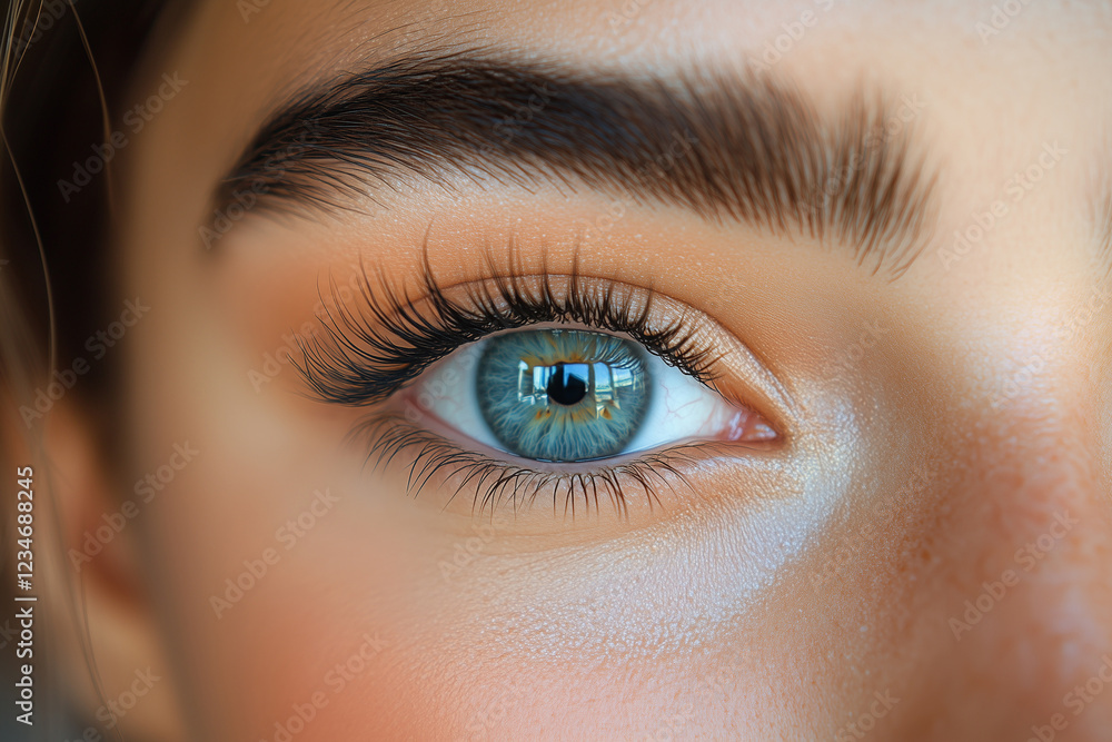 Beautiful female eye close-up with large expressive eyelashes. Bright lighting with soft light Beautiful female eye close-up with large expressive eyelashes. Bright lighting with soft light