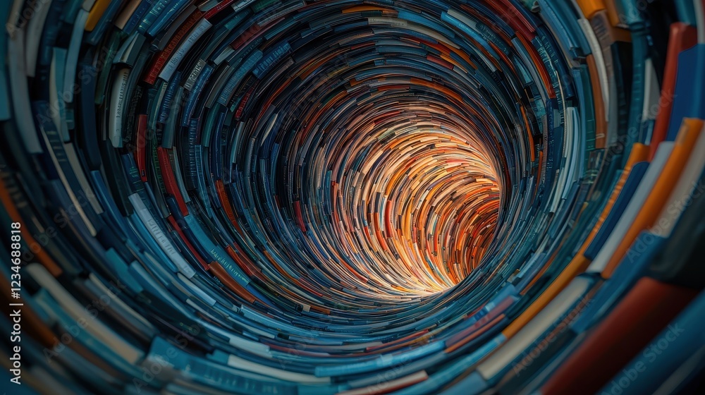 Obraz premium A mesmerizing view of a swirling tunnel made of colorful books, drawing the eye inward toward a warm, inviting glow.