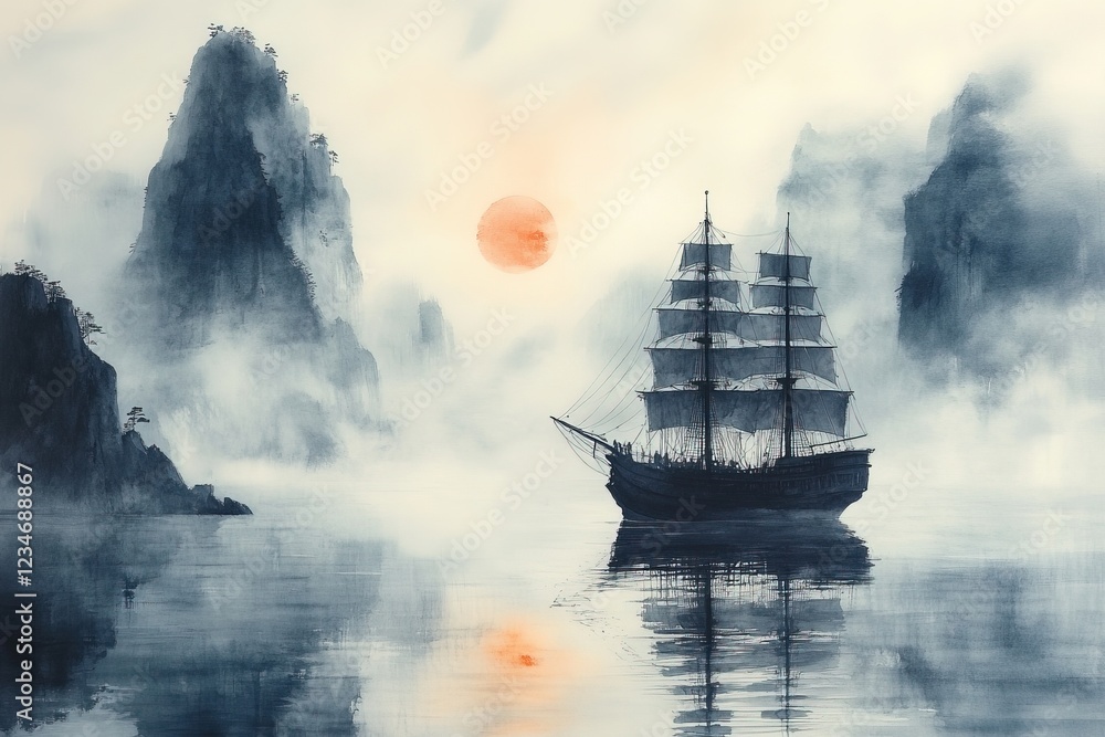 Obraz premium Sailing ship at sea, sunrise behind mountains, used for travel