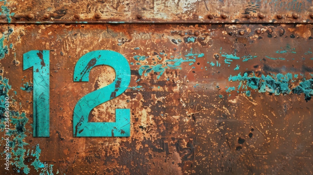 Brown wall with number 12 written in turquoise. Copy space Brown wall with number 12 written in turquoise. Copy space