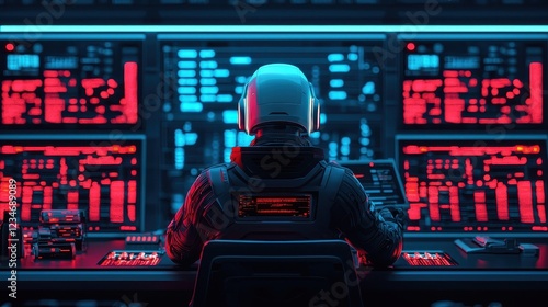 A futuristic scene showing a person in a helmet operating advanced technology with glowing screens in a dark environment.