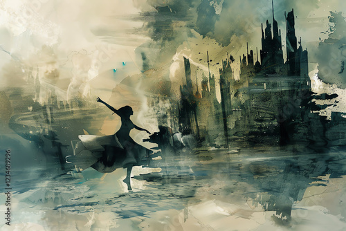 Illustrate a surreal landscape blending post-apocalyptic elements and elegant ballet movements using traditional watercolor techniques, capturing the essence of movement from unique camera perspective photo