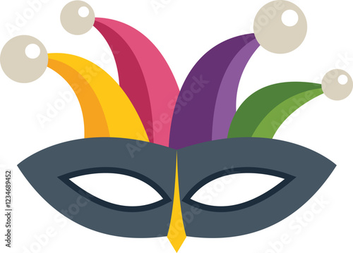 This illustration features a colorful harlequin mask with bells, capturing the festive spirit of mardi gras