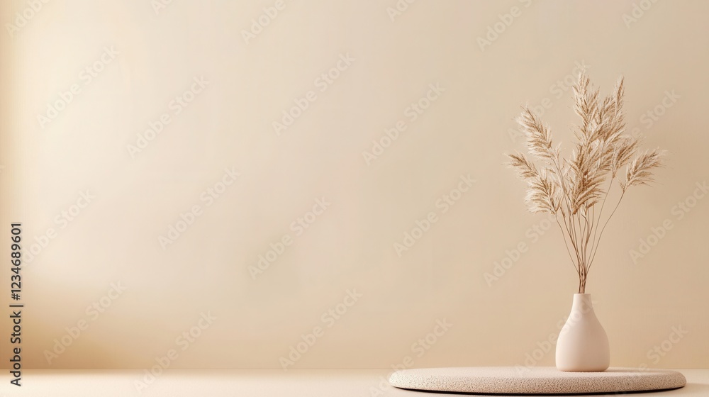 A white vase with dried flowers sits on a white rug in front of a white wall A white vase with dried flowers sits on a white rug in front of a white wall