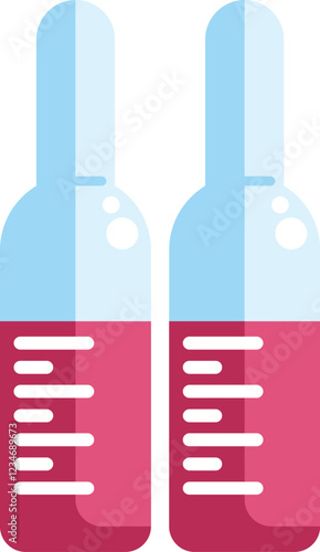 Two medical glass ampoules containing red liquid substance for injection are standing on a white background