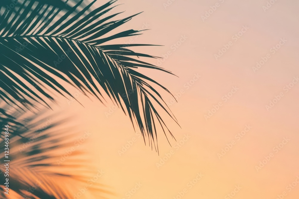serene tropical beach at golden hour with soft focus palm silhouettes and pastel sky gradient