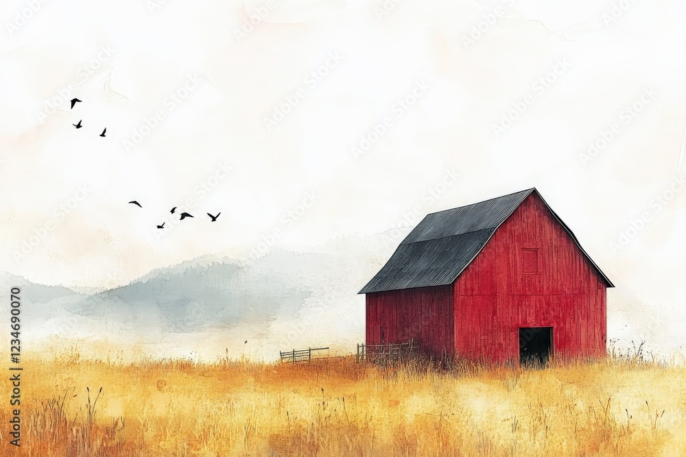 Red barn located in an open field with birds flying above and mountains in the background during a hazy day Red barn located in an open field with birds flying above and mountains in the background during a hazy day
