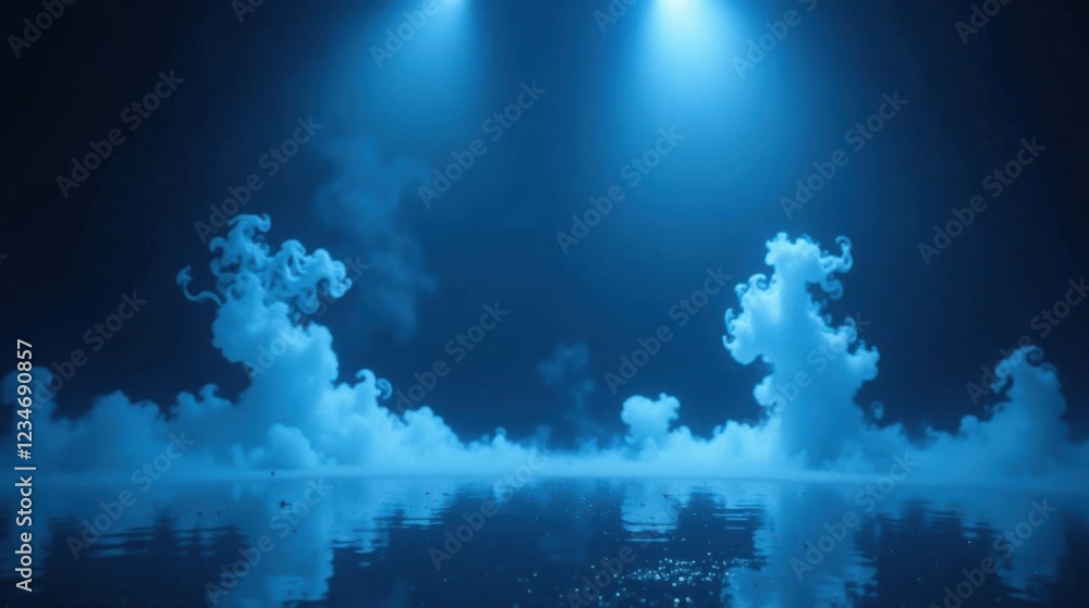Fototapeta premium Ethereal Blue Haze Over Calm Water with Dramatic Lighting Effects and Swirling Cloud Formations