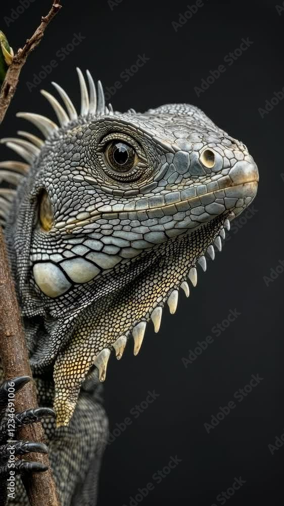 Detailed close-up of a lizard perched on a branch against a dark background in a natural habitat Detailed close-up of a lizard perched on a branch against a dark background in a natural habitat