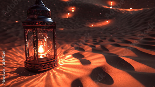 desert night photography featuring a glowing ornate lantern amidst sand dunes with intricate metalwork and warm ambient lighting during the golden hour photo