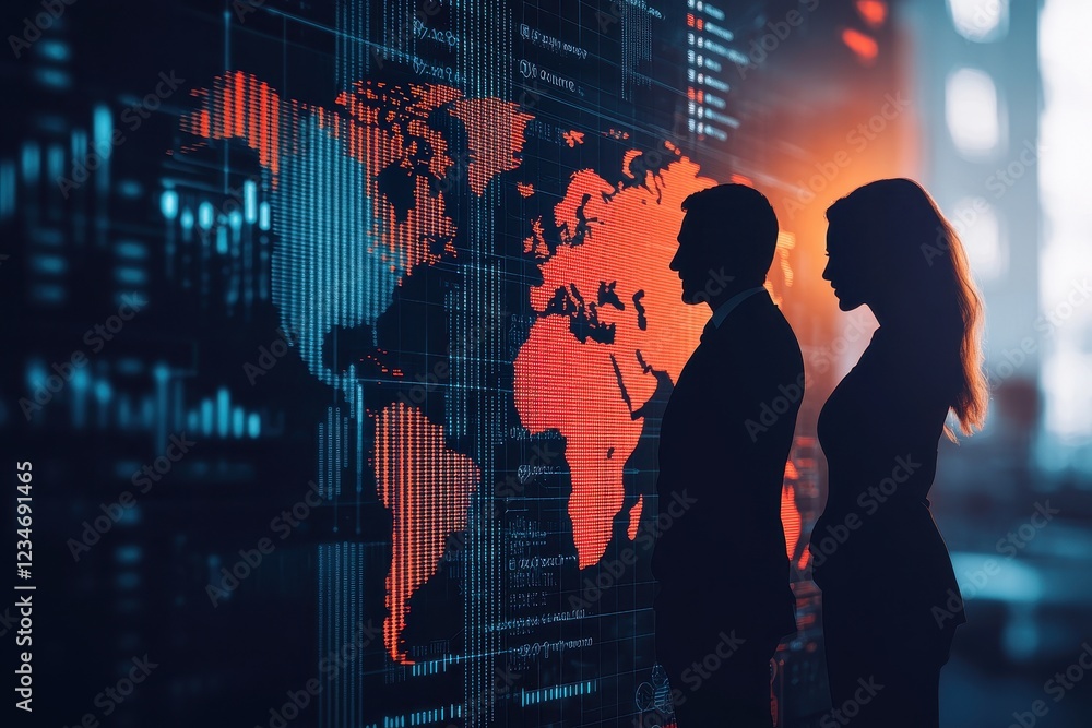 Obraz premium A silhouetted couple observes a high-tech world map, illuminated by vibrant colors, suggesting a theme of global connection and digital innovation.