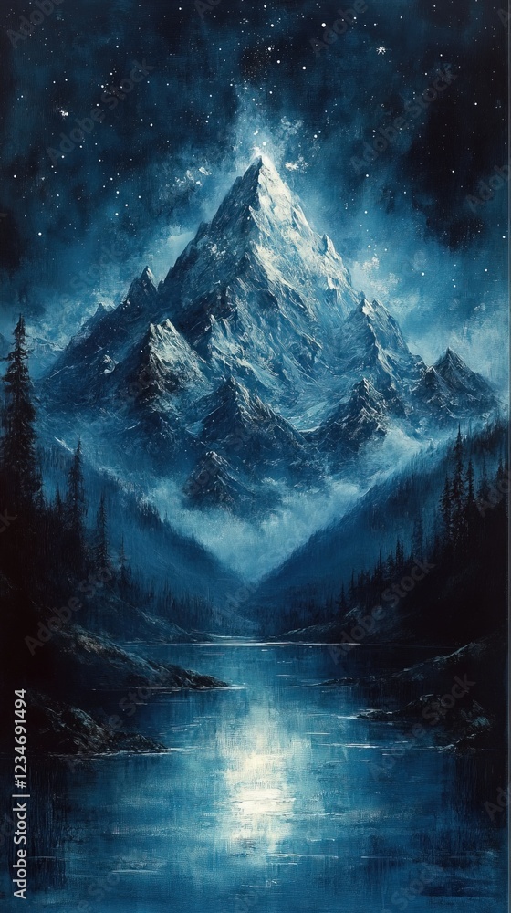 Snowy mountain reflects on water, sky with stars, forest background Snowy mountain reflects on water, sky with stars, forest background