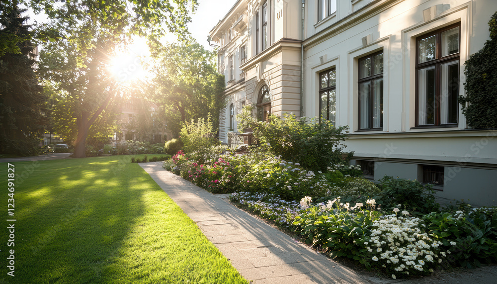 beautiful front garden with blooming flowers and well manicured lawn beautiful front garden with blooming flowers and well manicured lawn