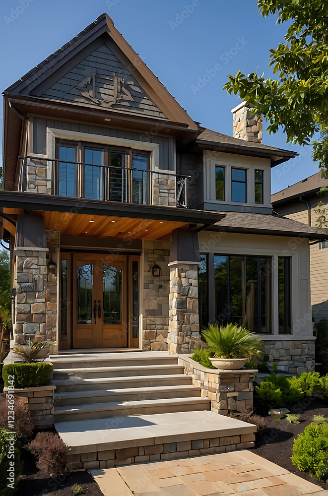 Obraz premium Luxury Stone House Exterior: Modern Home Design and Architecture. Beautiful Contemporary Home Facade with Elegant Entrance and Landscaping.