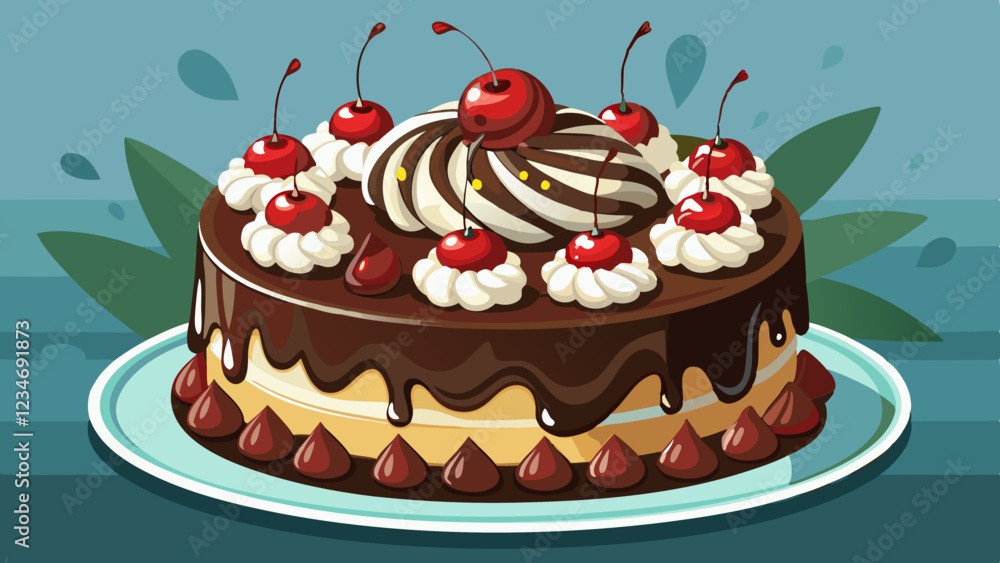 Black forest cake decorated with whipped cream and cherries Black forest cake decorated with whipped cream and cherries