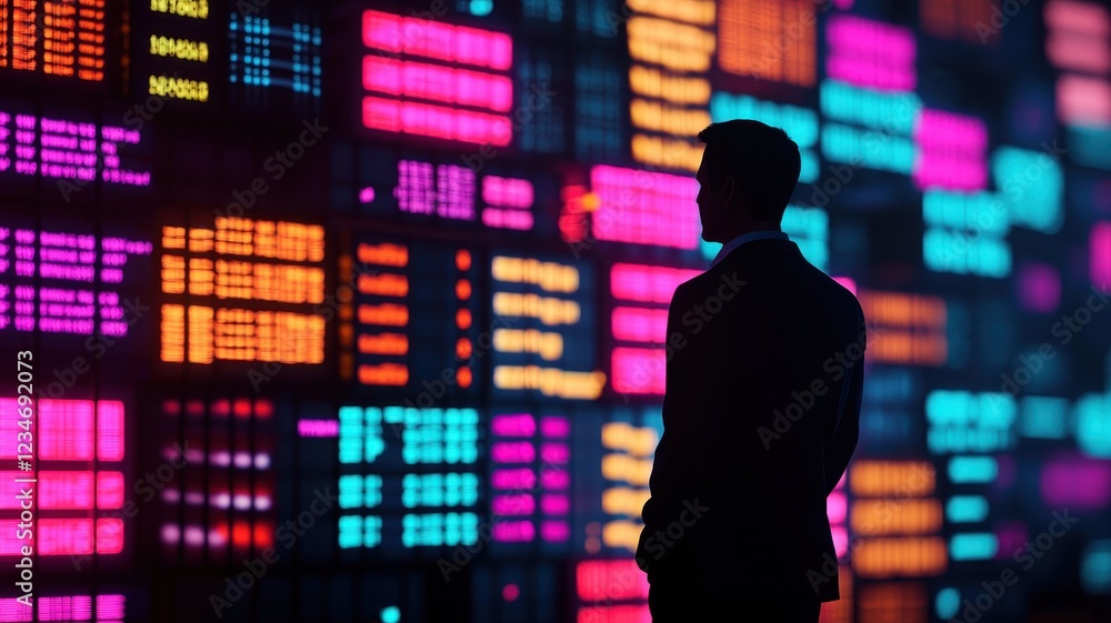 A silhouette of a person stands against a vibrant digital display filled with colorful data visualizations and patterns. A silhouette of a person stands against a vibrant digital display filled with colorful data visualizations and patterns.