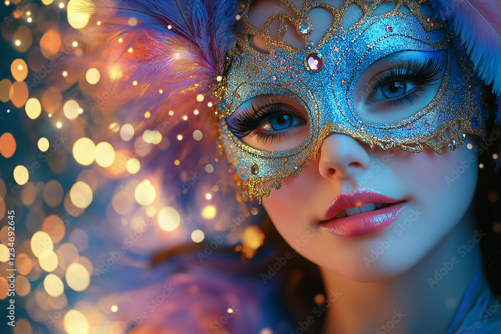Photo carnaval glamour, femme avec masque vénitien, plumes, strass, sequins et lumières scintillantes Photo carnaval glamour, femme avec masque vénitien, plumes, strass, sequins et lumières scintillantes