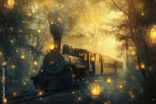 steam locomotive in magical forest setting, golden light filtering through mystical fog, with floating lanterns and ethereal particles photo