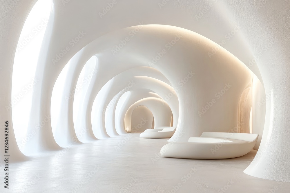 Obraz premium Abstract white curved background with minimalistic design elements. 3D rendering illustration of an architectural interior, a modern wallpaper for presentations and graphic designs.