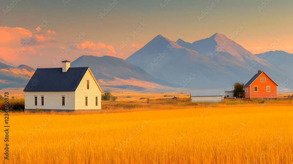 Mountain sunset farm houses golden field Mountain sunset farm houses golden field