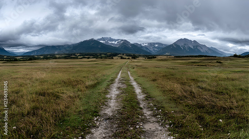 Dirt road leads through a vast grassy valley toward distant mountains under a dramatic cloudy sky.