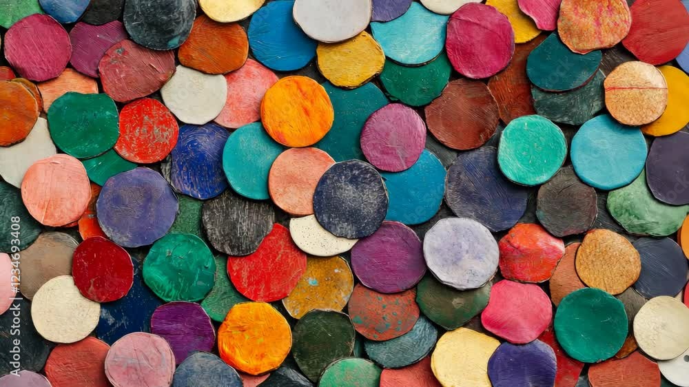 Colorful, circular paper pieces scattered across a surface create an artistic display in a vibrant craft setting during daylight Colorful, circular paper pieces scattered across a surface create an artistic display in a vibrant craft setting during daylight