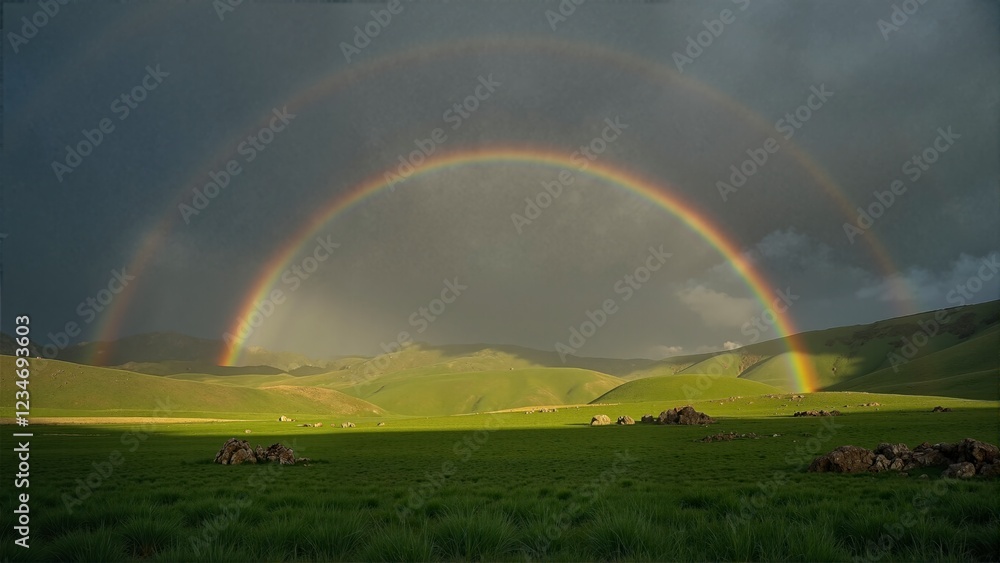 Fototapeta premium A rainbow is seen in the sky above a field of grass
