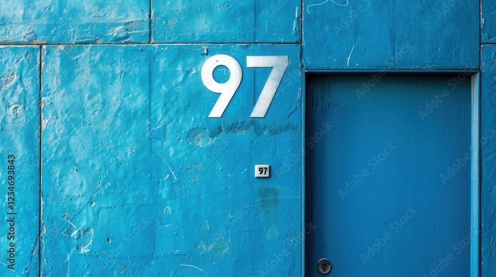 Bright blue wall with number 97 written in white. Copy space