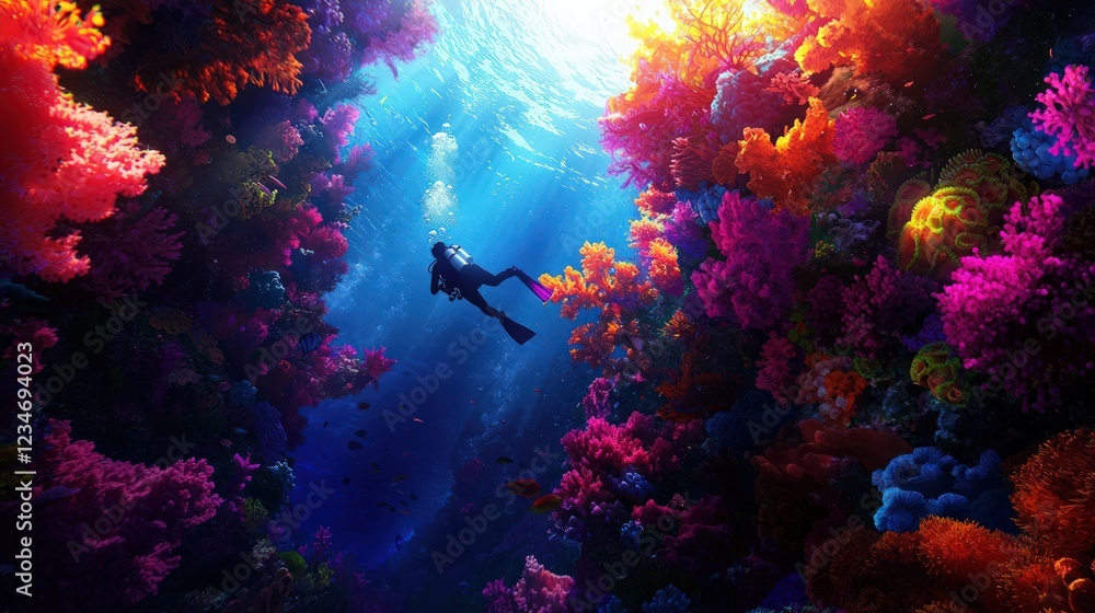 Underwater Diver Exploring Vibrant Coral Reef in Vivid Colors Underwater Diver Exploring Vibrant Coral Reef in Vivid Colors