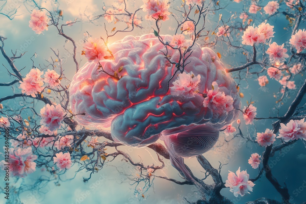 surreal digital artwork of human brain transforming into blooming tree branches, pastel flowers emerging from neural pathways, ethereal lighting