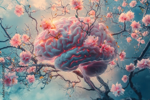 Obraz na płótnie surreal digital artwork of human brain transforming into blooming tree branches, pastel flowers emerging from neural pathways, ethereal lighting w salonie