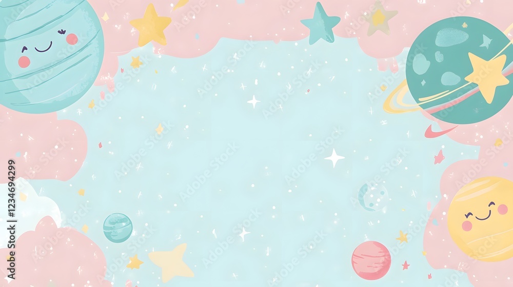 Whimsical Outer Space Scene with Cute Planets and Stars Background Whimsical Outer Space Scene with Cute Planets and Stars Background