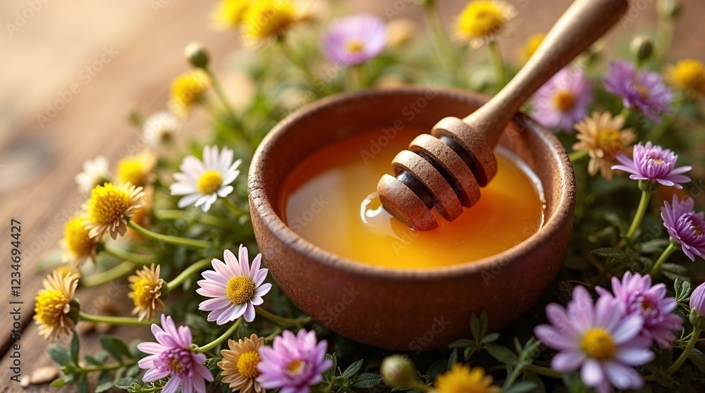 Natural honey in wooden bowl with honey dipper surrounded by fresh flowers on rustic table Natural honey in wooden bowl with honey dipper surrounded by fresh flowers on rustic table