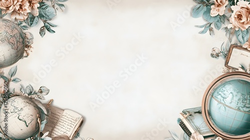 Vintage Styled Background with Globes, Books, and Floral Accents