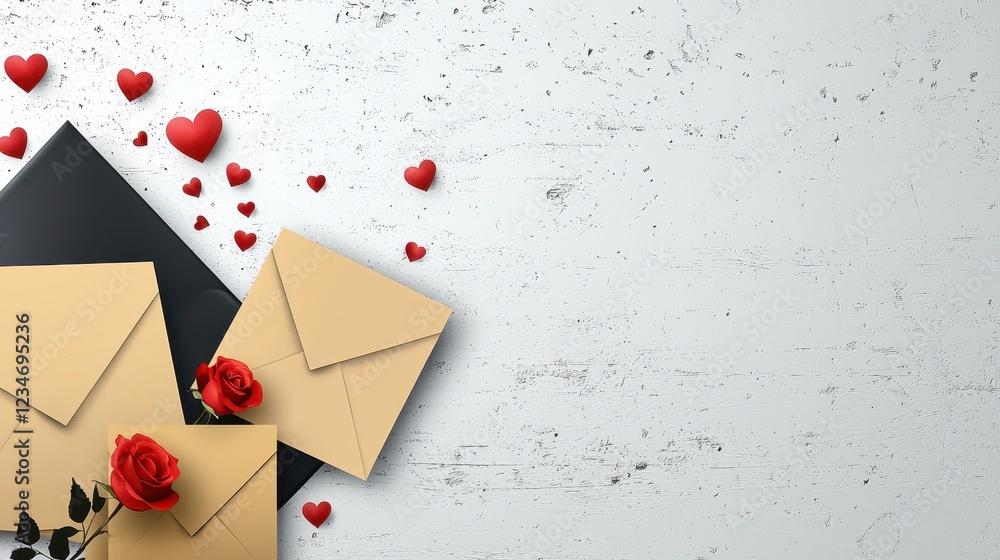 Artistic Representation of Romantic Valentine's Day Theme with Letters, Hearts, and Roses on Soft Background Artistic Representation of Romantic Valentine's Day Theme with Letters, Hearts, and Roses on Soft Background