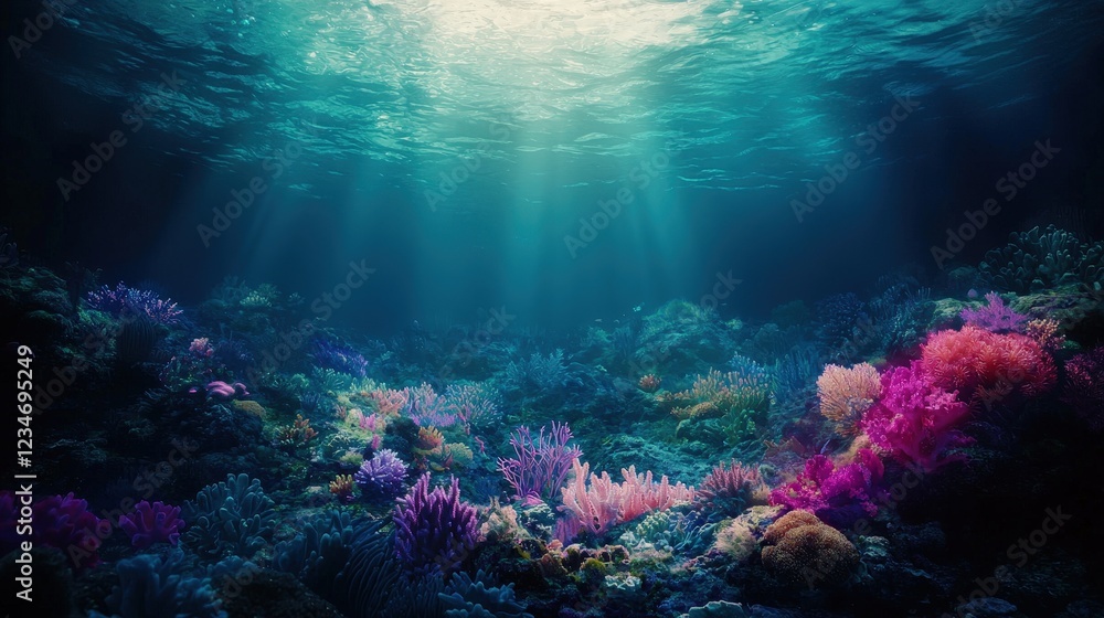Fototapeta premium Vibrant coral reef teeming with colorful marine life under sunlit ocean waters, symbolizing biodiversity and conservation. Perfect for underwater photography, ecology, and tropical adventure themes.