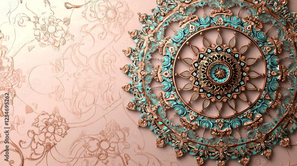 teal and rose gold 3d mandala art with intricate pattern and luxury design for elegant wall decor and high-resolution ornamental illustration