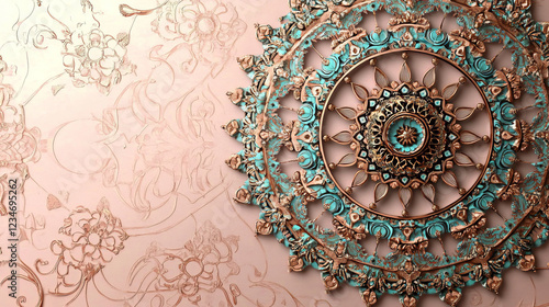 Obraz na płótnie teal and rose gold 3d mandala art with intricate pattern and luxury design for elegant wall decor and high-resolution ornamental illustration w salonie
