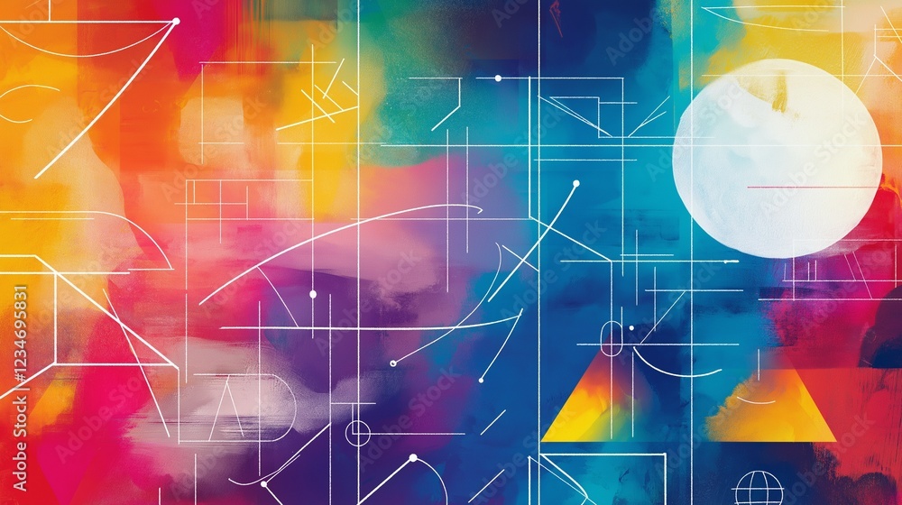 Obraz premium A repeating pattern of artistic mathematical formulas combined with abstract geometric shapes on a colorful gradient background.
