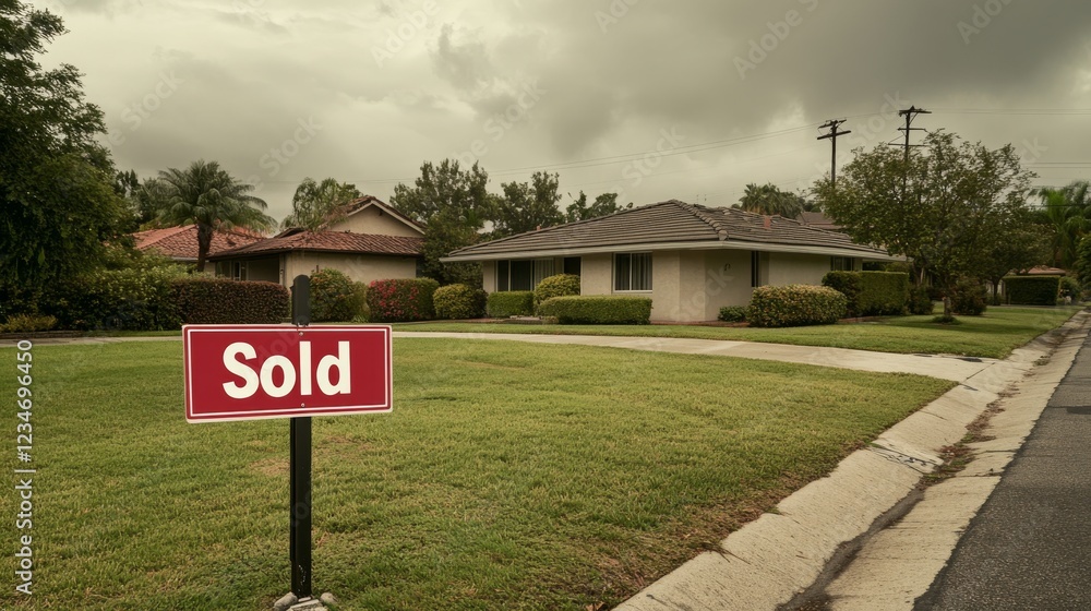 Sold Sign in Front of Residential Home in Suburban Neighborhood Sold Sign in Front of Residential Home in Suburban Neighborhood