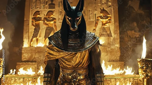 Discover the significance of Anubis, the ancient Egyptian god associated with mummification and the afterlife, as he stands amidst flames and hieroglyphs, embodying protection and guidance for souls.