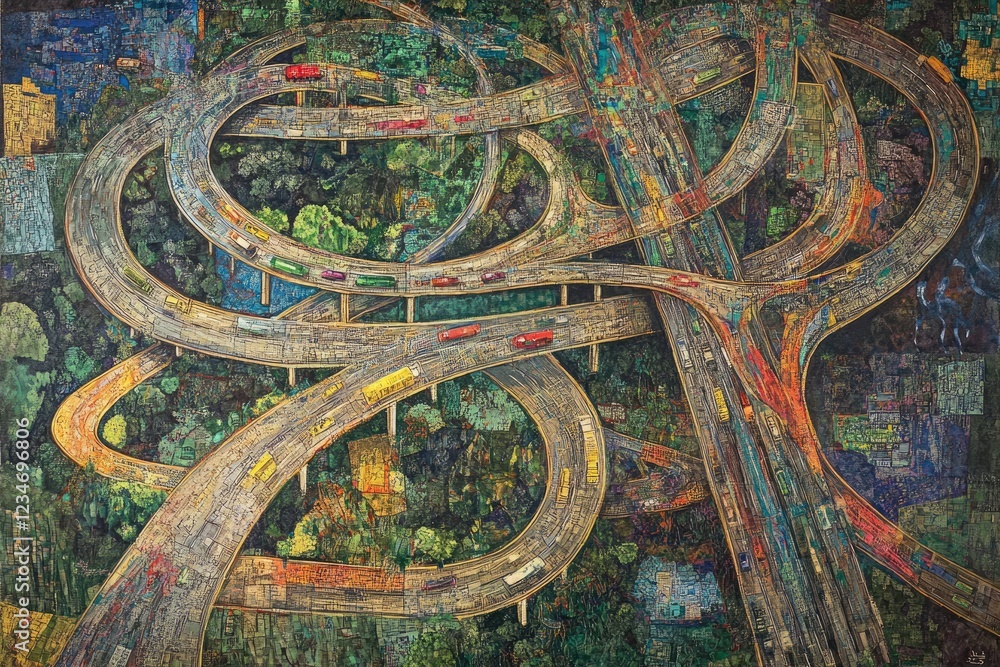 Aerial view of a highway map, a complex network of intersections. The composition features notes in the shape of multiple lines and curves forming an intricate web or network on top of many roads, Aerial view of a highway map, a complex network of intersections. The composition features notes in the shape of multiple lines and curves forming an intricate web or network on top of many roads,