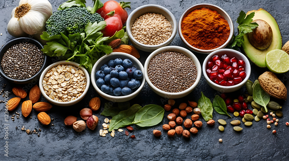 A variety of nuts, beans, and vegetables are displayed in bowls on a counter. The bowls are arranged in a way that creates a colorful and inviting display. Concept of abundance and health A variety of nuts, beans, and vegetables are displayed in bowls on a counter. The bowls are arranged in a way that creates a colorful and inviting display. Concept of abundance and health