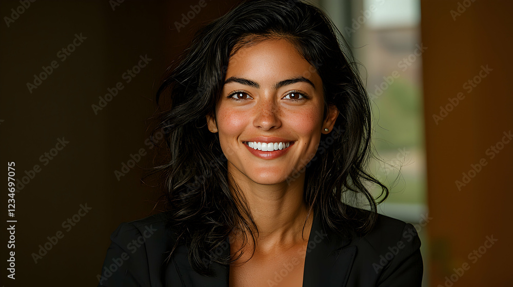 Smiling businesswoman portrait, office background, headshot Smiling businesswoman portrait, office background, headshot