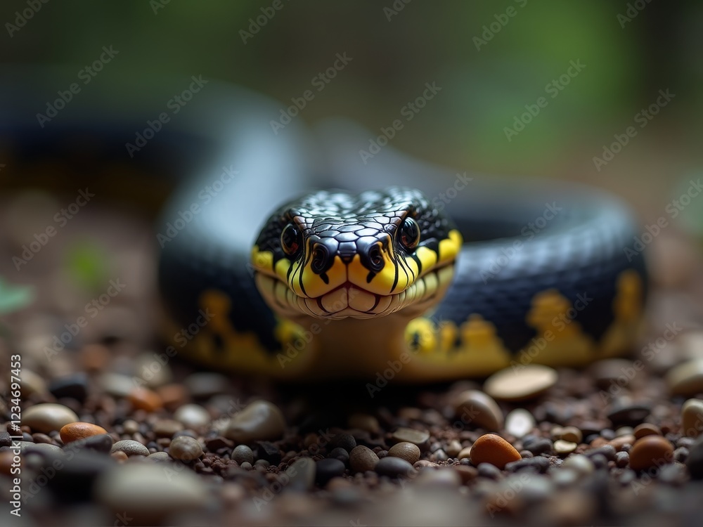 A striking snake with a black and yellow pattern, poised on a bed of rocks A striking snake with a black and yellow pattern, poised on a bed of rocks